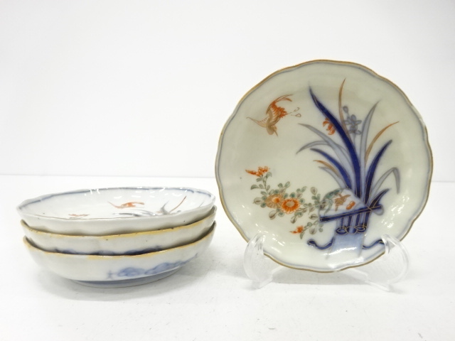 古伊万里　染付赤絵　鶴に花　小皿　4客揃